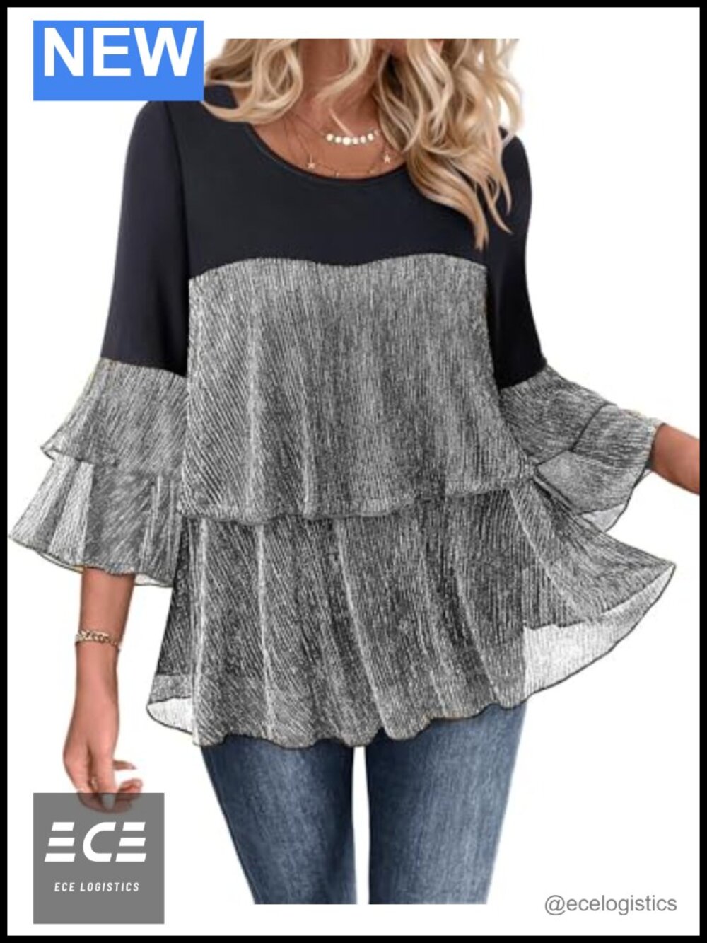 Womens Dressy Sparkly Peplum Tops 3/4 Sleeve Ruffles Elegant Evening Flowy